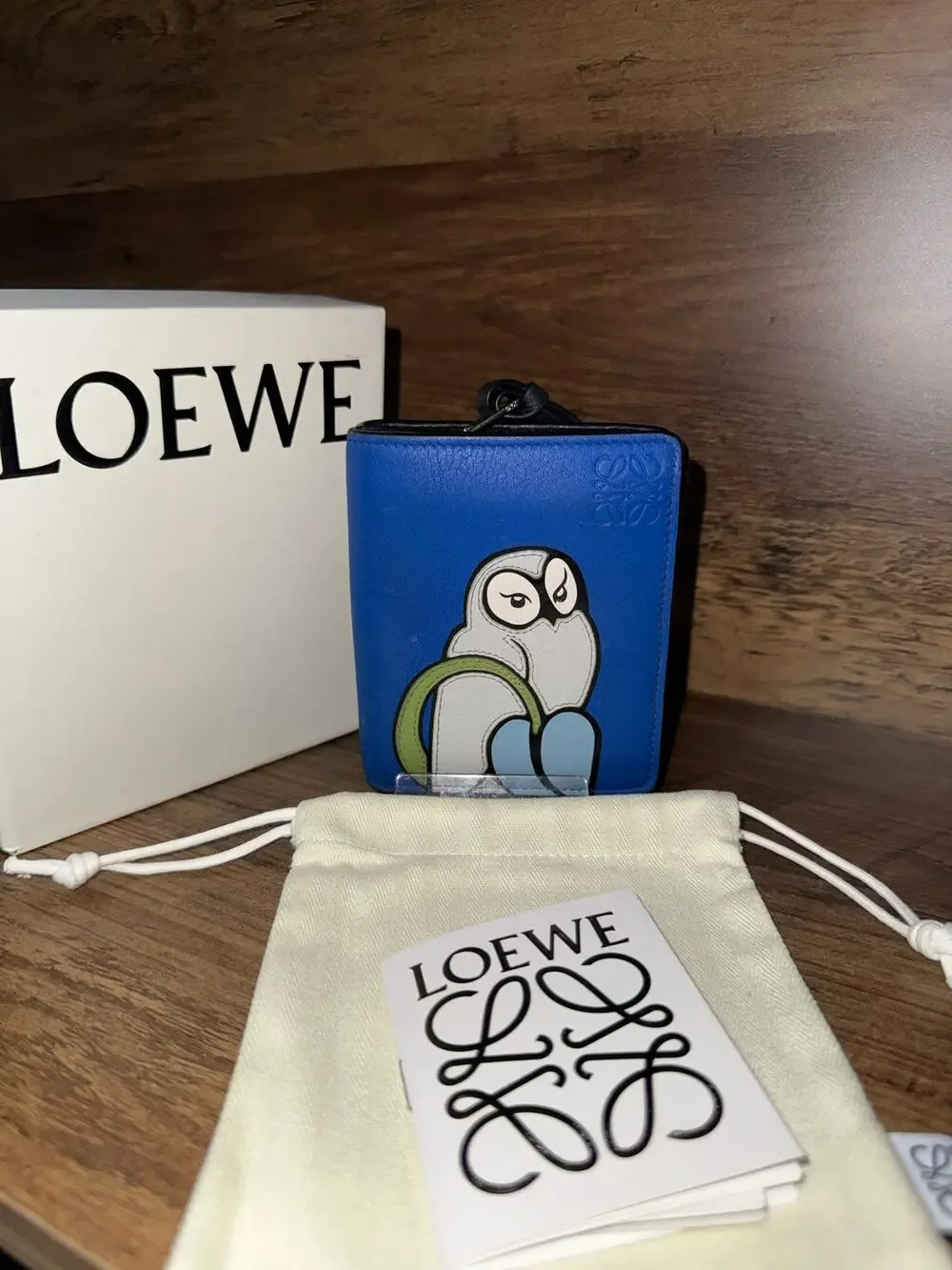 Loewe Blue Leather Owl Zip Wallet with coa